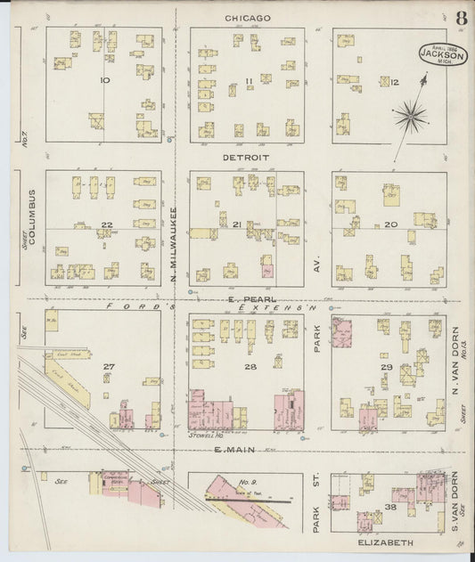 Sanborn Fire Insurance Map from Jackson, Jackson County, Michigan (1886), Sheet #0008 - Historic Sanborn Fire Insurance Map Print, vintage old map wall art, antique decor, genealogy gift, Michigan Michigan map