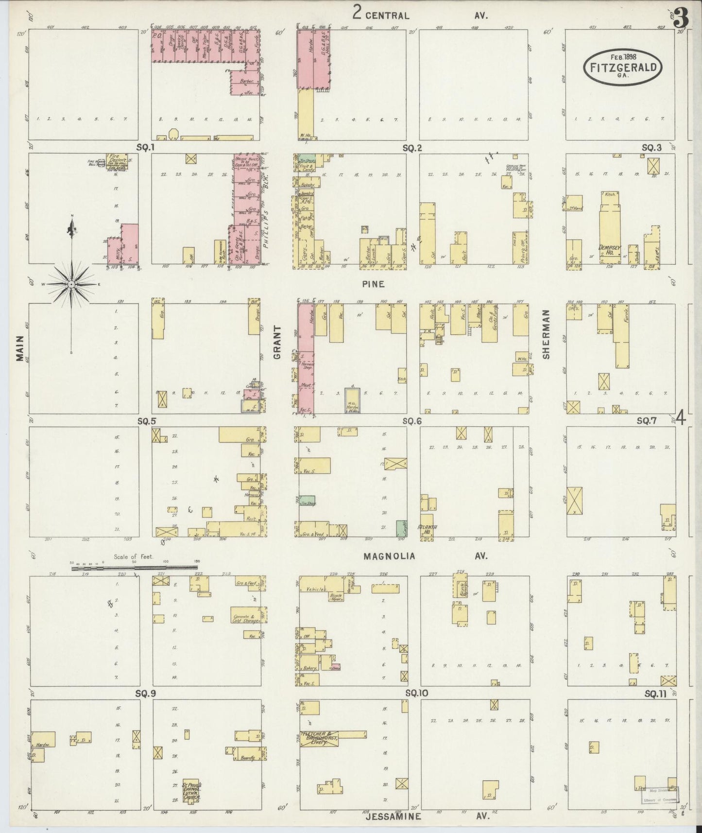 Sanborn Fire Insurance Map from Fitzgerald, Ben Hill County, Georgia (1898), Sheet #0003 - Historic Sanborn Fire Insurance Map Print, vintage old map wall art, antique decor, genealogy gift, Georgia Georgia map
