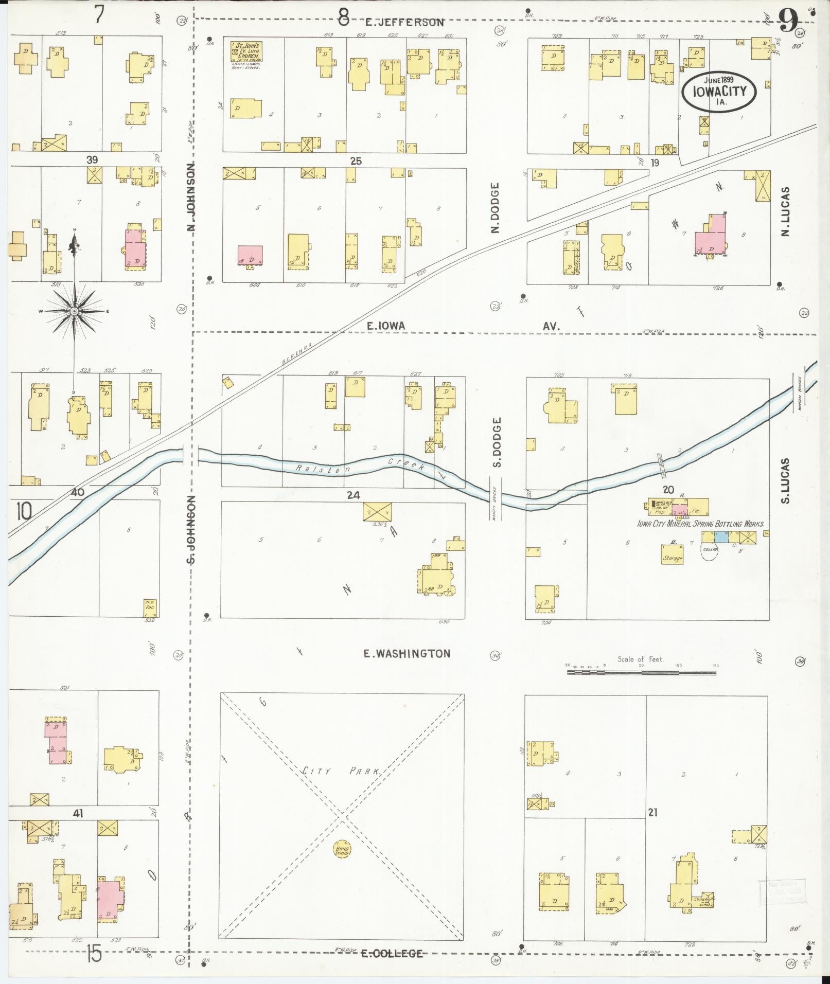 Sanborn Fire Insurance Map from Iowa City, Johnson County, Iowa (1899), Sheet #0009 - Historic Sanborn Fire Insurance Map Print, vintage old map wall art
