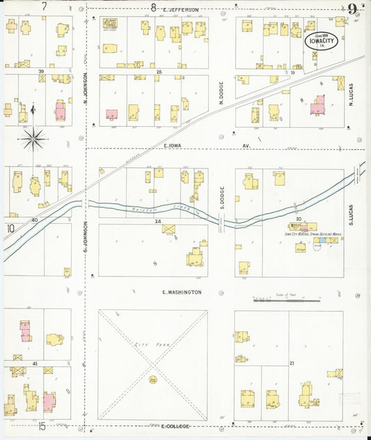 Sanborn Fire Insurance Map from Iowa City, Johnson County, Iowa (1899), Sheet #0009 - Historic Sanborn Fire Insurance Map Print, vintage old map wall art