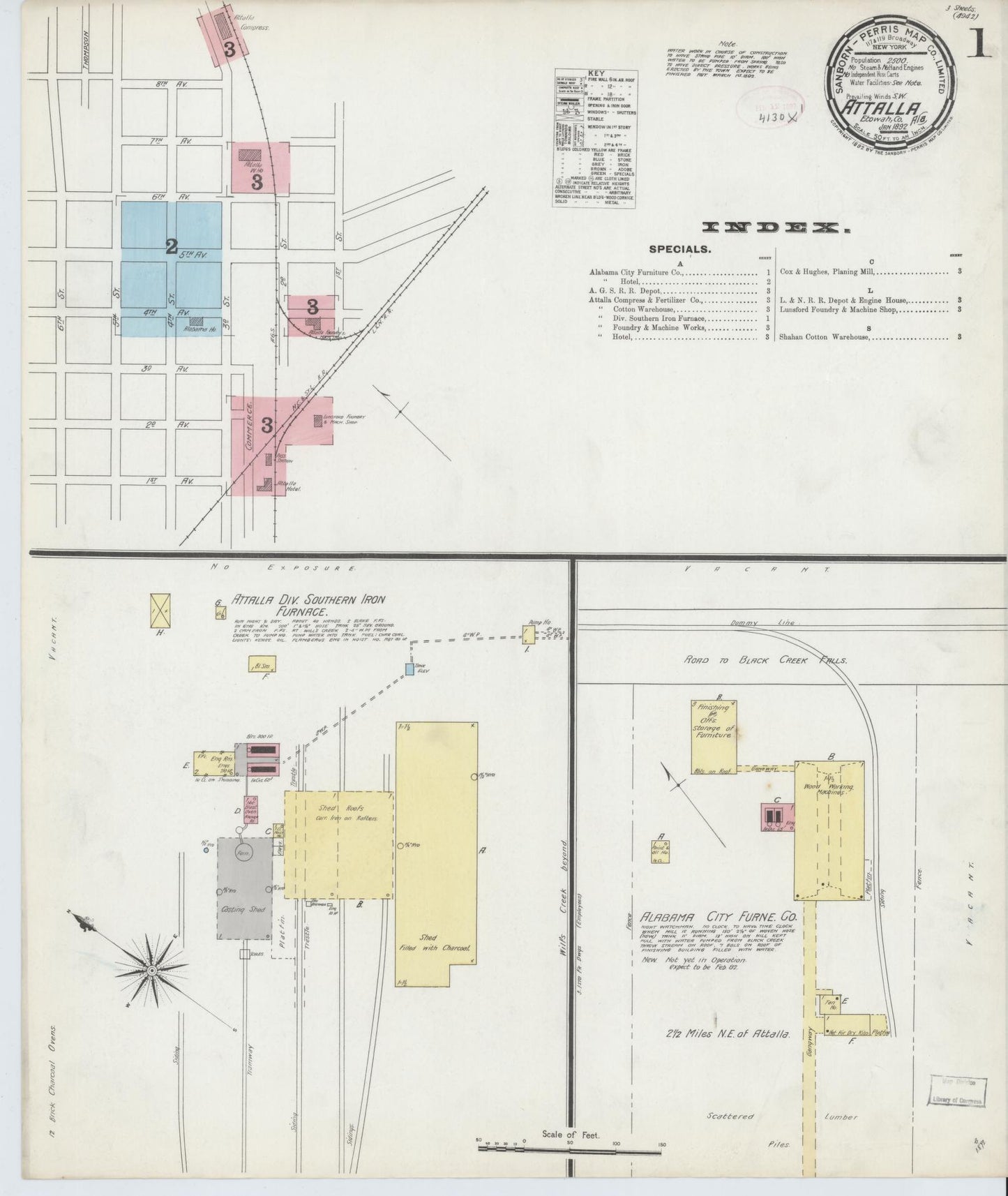 Sanborn Fire Insurance Map from Attalla, Etowah County, Alabama (1892), Sheet #0001 - Historic Sanborn Fire Insurance Map Print, vintage old map wall art, antique decor, genealogy gift, Alabama Alabama map