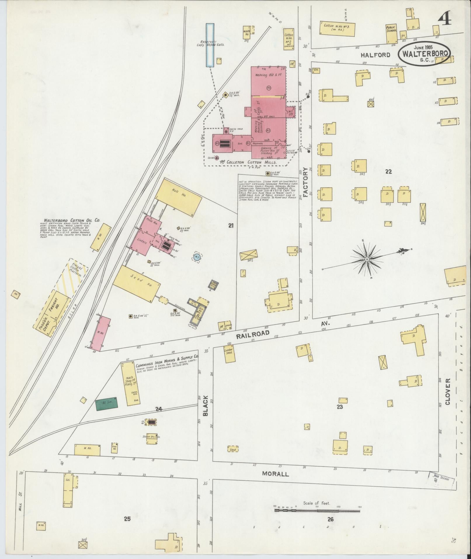 Sanborn Fire Insurance Map from Walterboro, Colleton County, South Carolina (1905), Sheet #0004 - Complete Map Set gallery image, historic Sanborn map, vintage wall art, South Carolina South Carolina