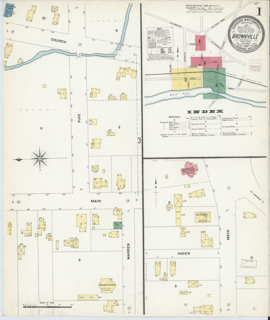 Sanborn Fire Insurance Map from Brownville, Jefferson County, New York (1907), Sheet #0001 - Historic Sanborn Fire Insurance Map Print, vintage old map wall art, antique decor, genealogy gift, New York New York map