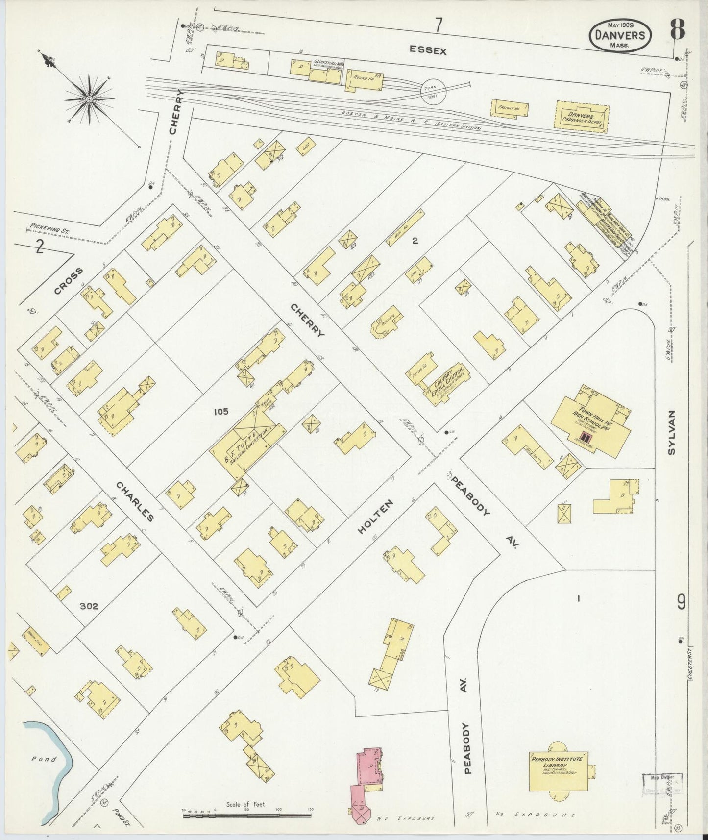 Sanborn Fire Insurance Map from Danvers, Essex County, Massachusetts (1909), Sheet #0008 - Complete Map Set gallery image, historic Sanborn map, vintage wall art, Massachusetts Massachusetts