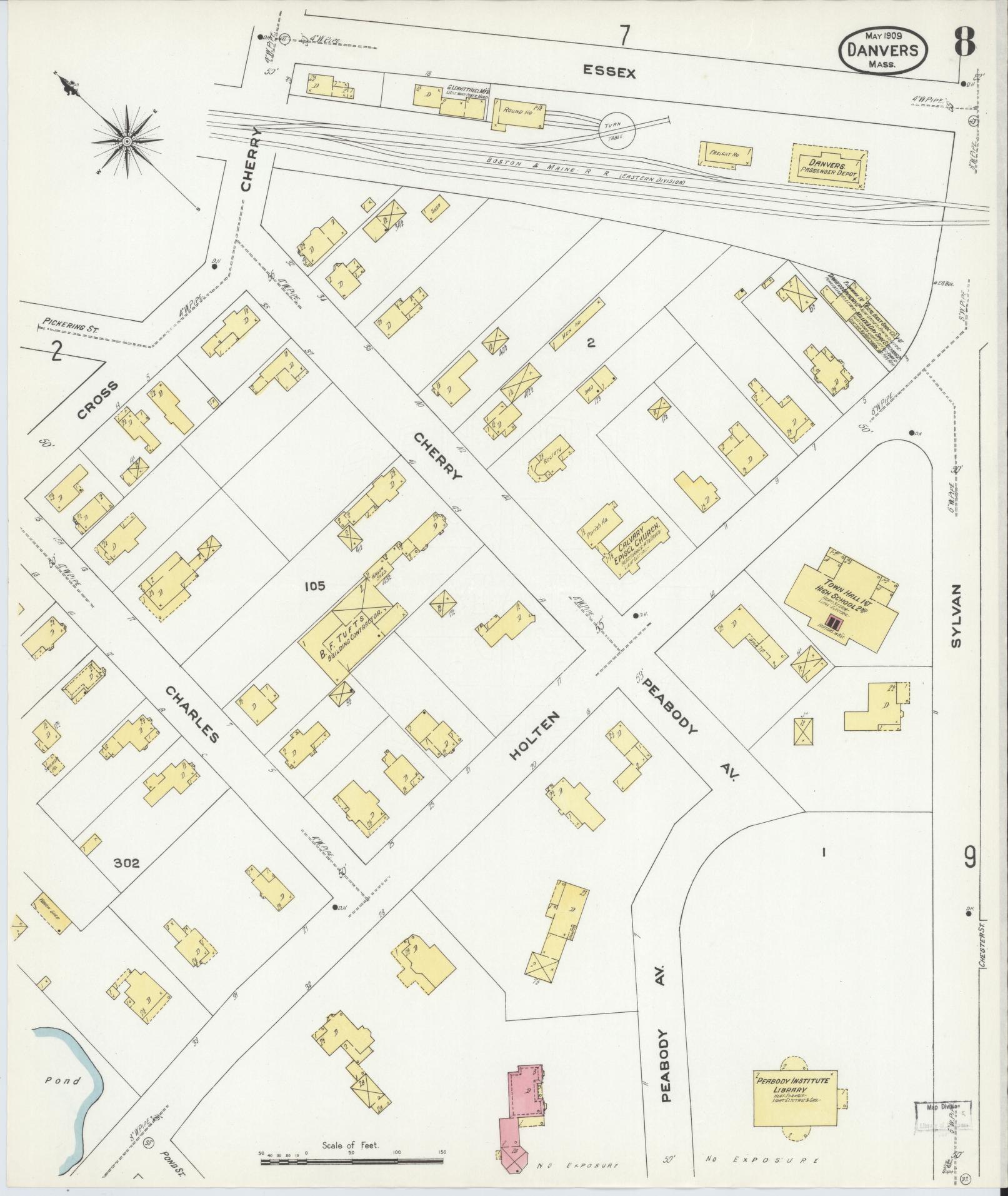 Sanborn Fire Insurance Map from Danvers, Essex County, Massachusetts (1909), Sheet #0008 - Complete Map Set gallery image, historic Sanborn map, vintage wall art, Massachusetts Massachusetts