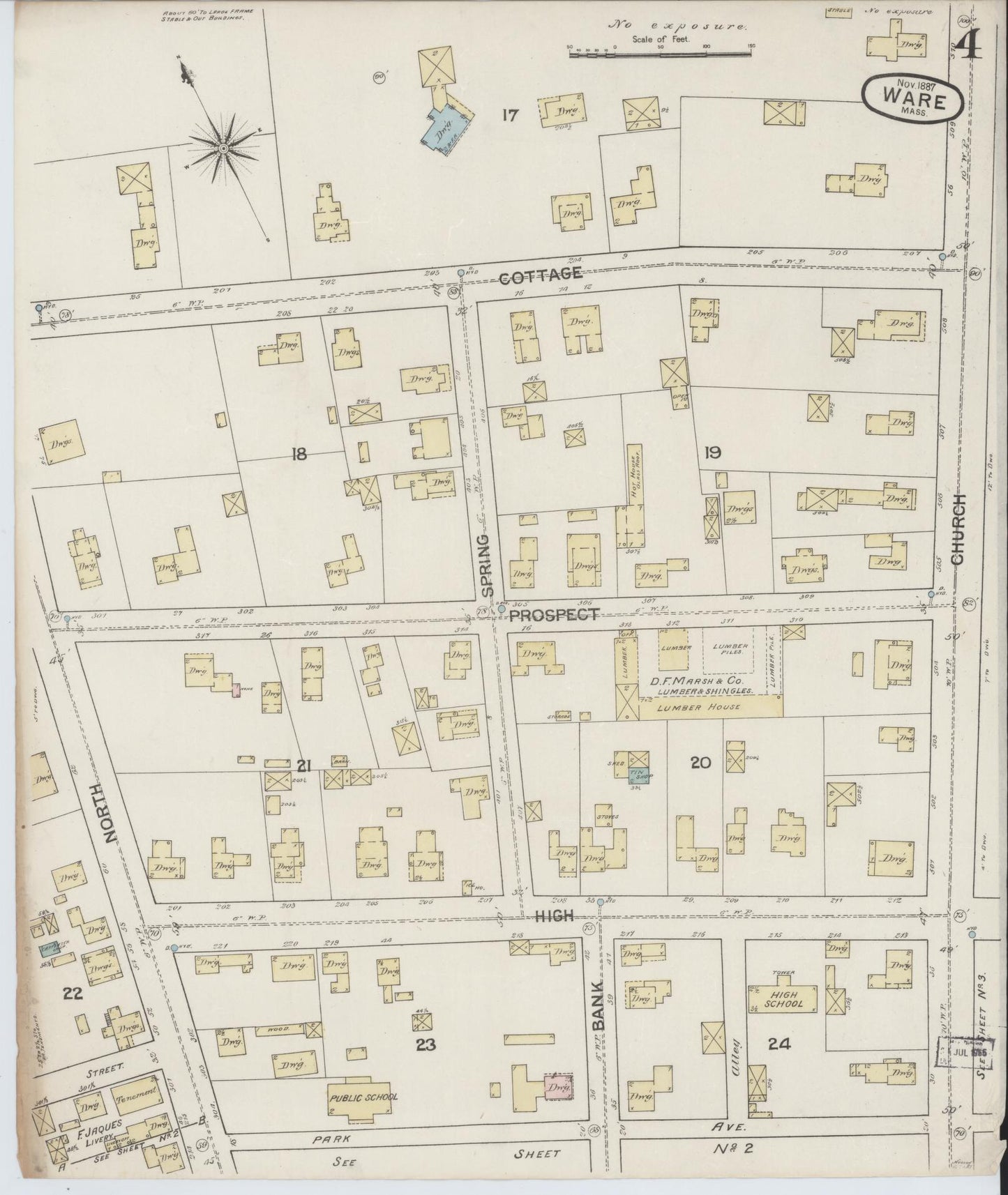 Sanborn Fire Insurance Map from Ware, Hampshire County, Massachusetts (1887), Sheet #0004 - Complete Map Set gallery image, historic Sanborn map, vintage wall art, Massachusetts Massachusetts