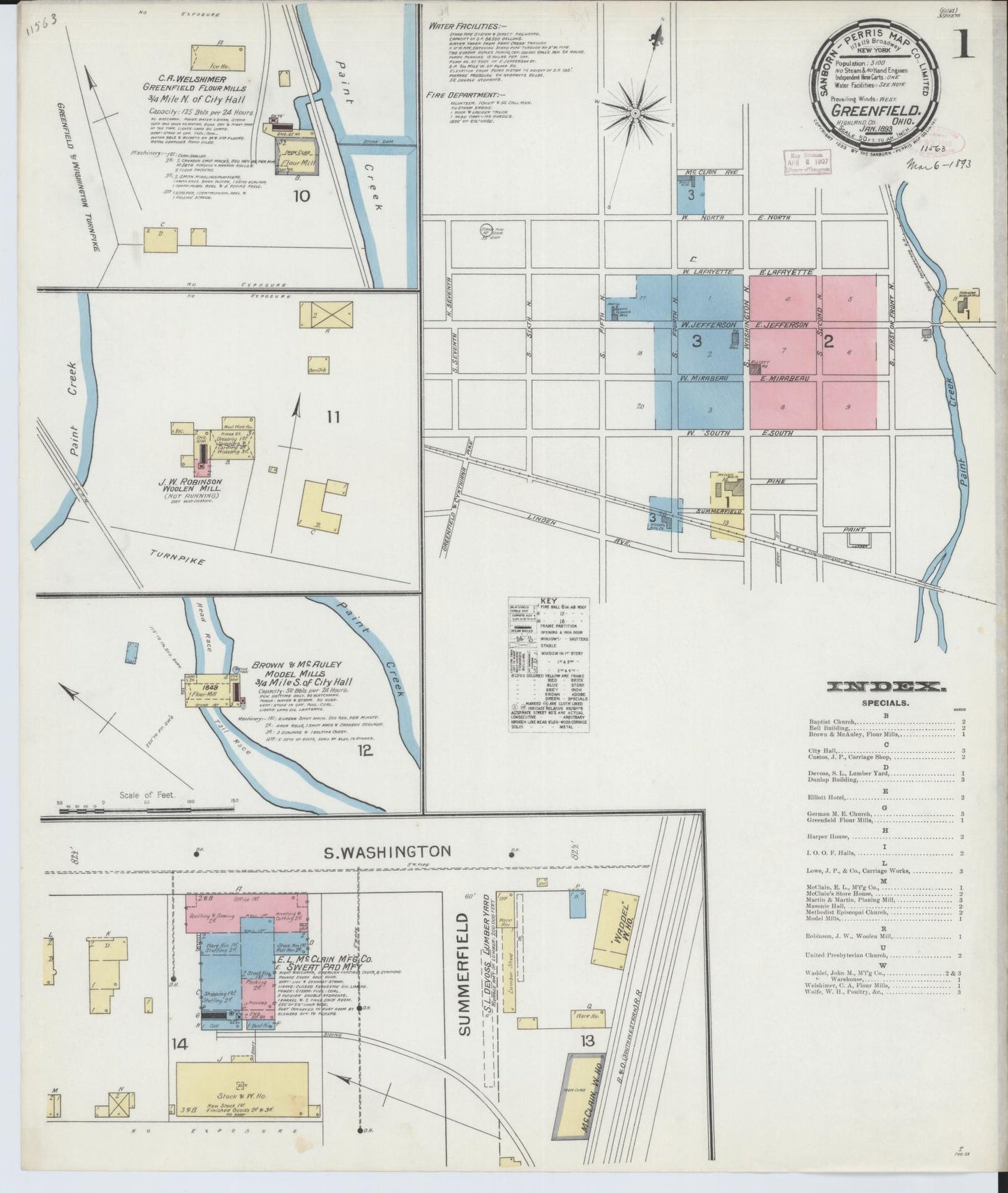 Sanborn Fire Insurance Map from Greenfield, Highland County, Ohio (1893), Sheet #0001 - Historic Sanborn Fire Insurance Map Print, vintage old map wall art, antique decor, genealogy gift, Ohio Ohio map