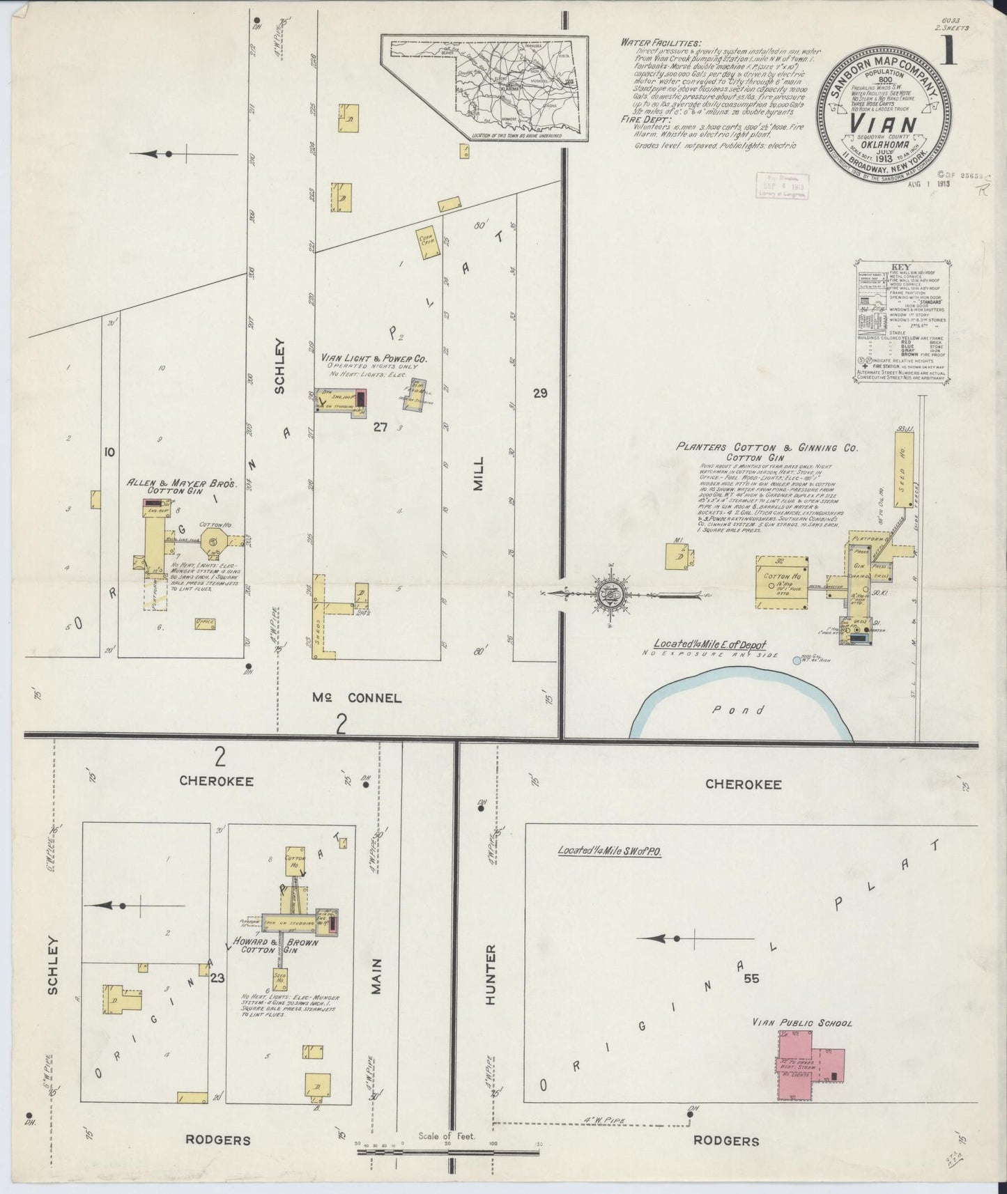 Sanborn Fire Insurance Map from Vian, Sequoyah County, Oklahoma (1913), Sheet #0001 - Historic Sanborn Fire Insurance Map Print, vintage old map wall art, antique decor, genealogy gift, Oklahoma Oklahoma map
