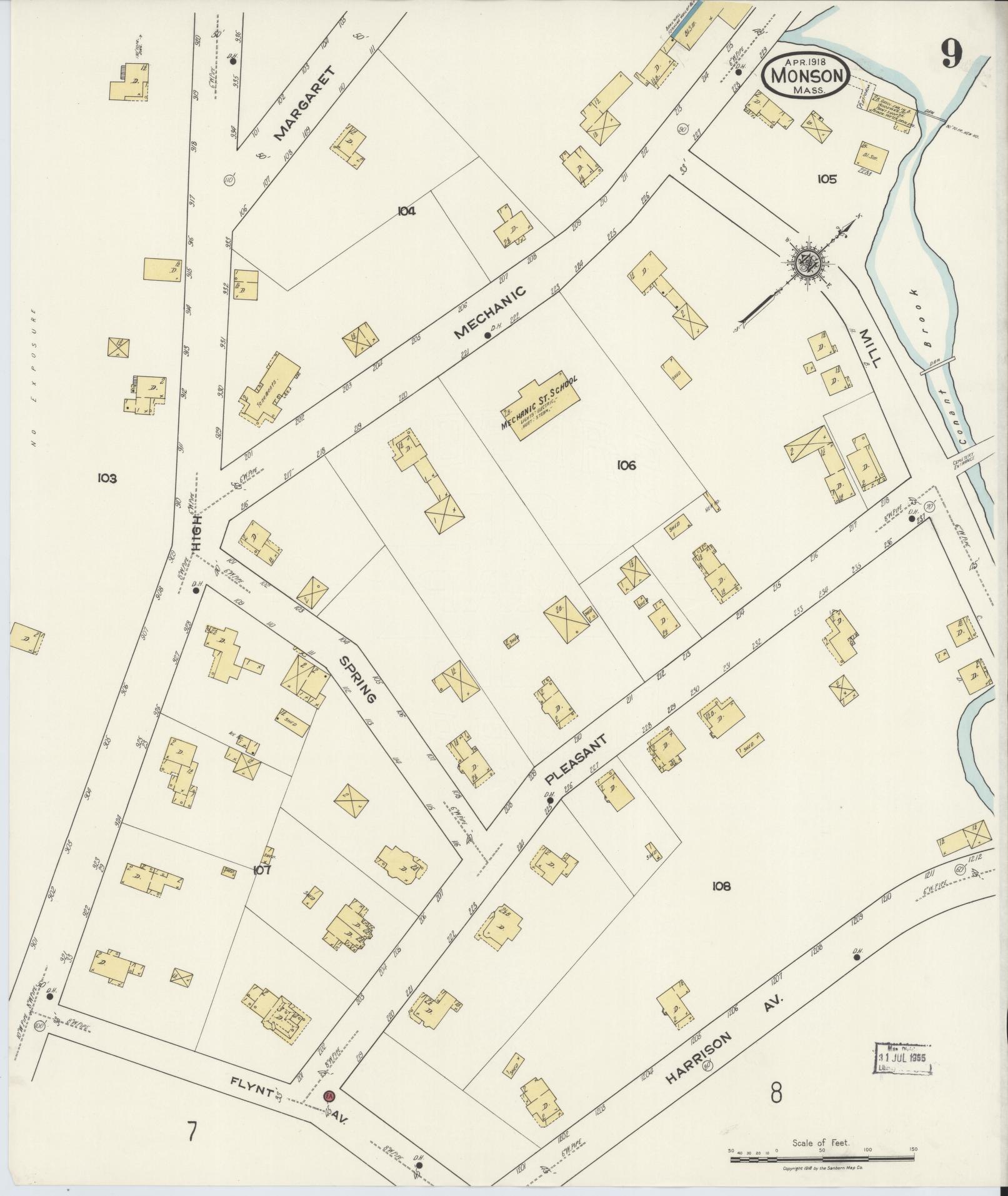 Sanborn Fire Insurance Map from Monson, Hampden County, Massachusetts (1918), Sheet #0009 - Historic Sanborn Fire Insurance Map Print, vintage old map wall art, antique decor, genealogy gift, Massachusetts Massachusetts map
