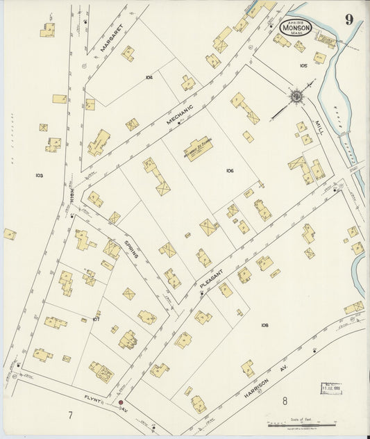 Sanborn Fire Insurance Map from Monson, Hampden County, Massachusetts (1918), Sheet #0009 - Historic Sanborn Fire Insurance Map Print, vintage old map wall art, antique decor, genealogy gift, Massachusetts Massachusetts map