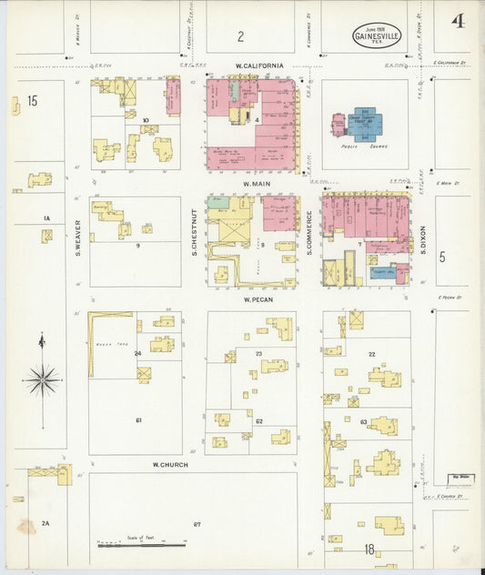 Sanborn Fire Insurance Map from Gainesville, Cooke County, Texas (1908), Sheet #0004 - Historic Sanborn Fire Insurance Map Print, vintage old map wall art, antique decor, genealogy gift, Texas Texas map