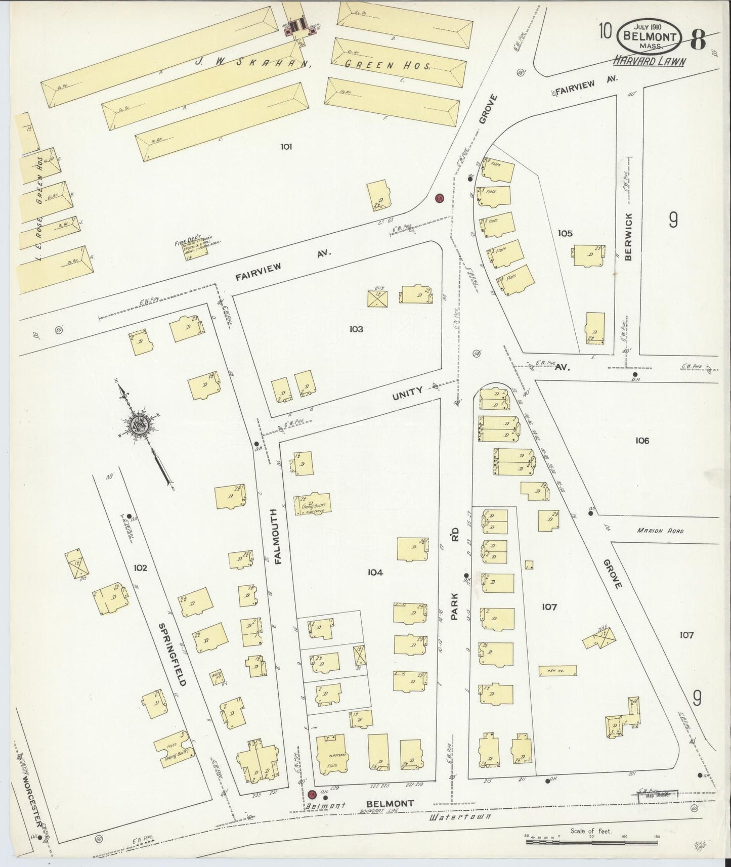 Sanborn Fire Insurance Map from Belmont, Middlesex County, Massachusetts (1910), Sheet #0008 - Historic Sanborn Fire Insurance Map Print, vintage old map wall art, antique decor, genealogy gift, Massachusetts Massachusetts map