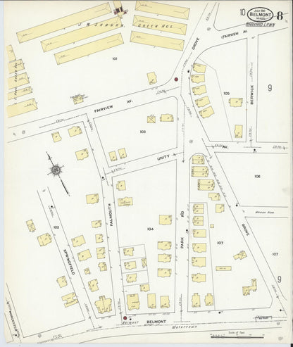 Sanborn Fire Insurance Map from Belmont, Middlesex County, Massachusetts (1910), Sheet #0008 - Historic Sanborn Fire Insurance Map Print, vintage old map wall art, antique decor, genealogy gift, Massachusetts Massachusetts map