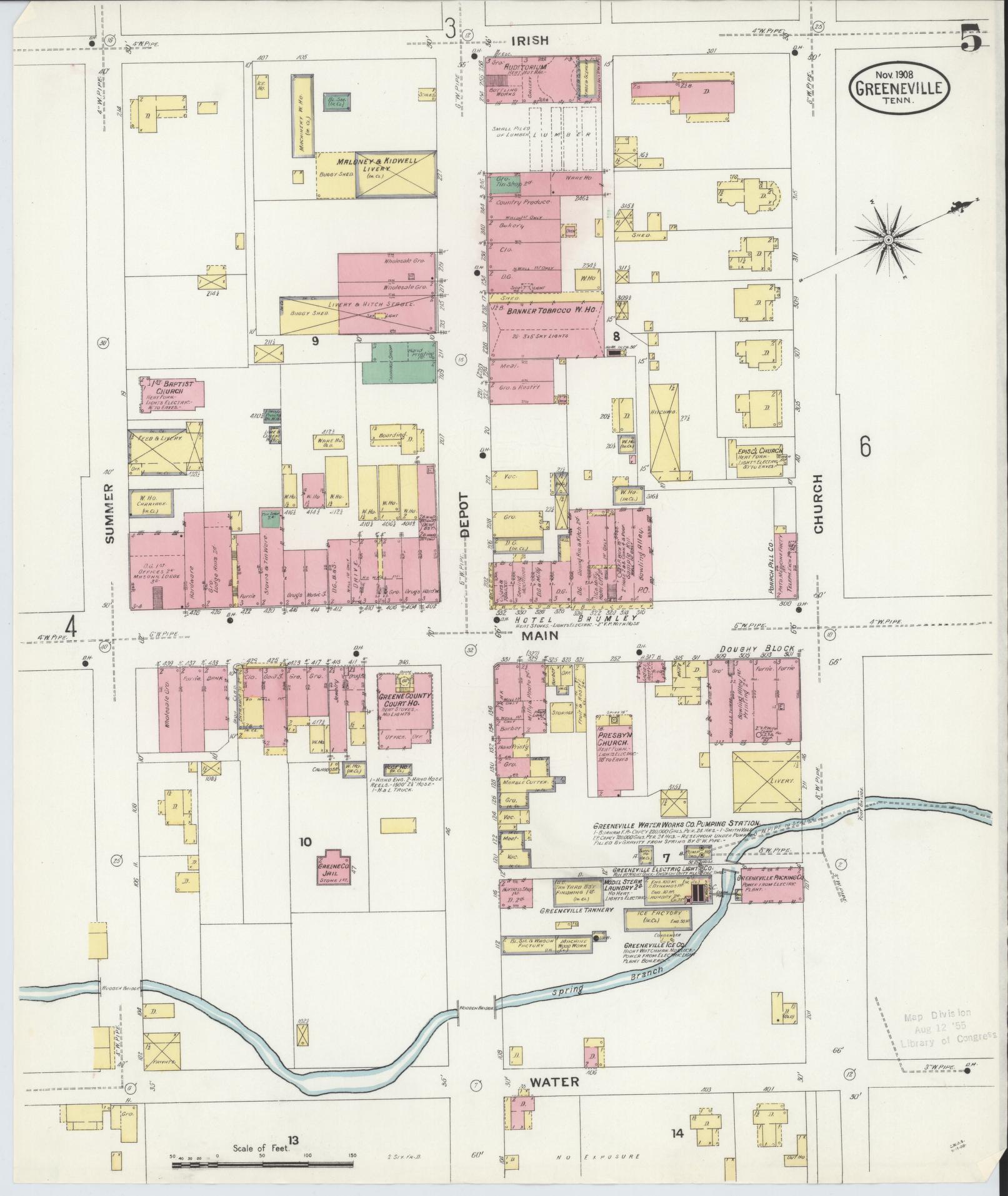 Sanborn Fire Insurance Map from Greeneville, Greene County, Tennessee (1908), Sheet #0005 - Complete Map Set gallery image, historic Sanborn map, vintage wall art, Tennessee Tennessee
