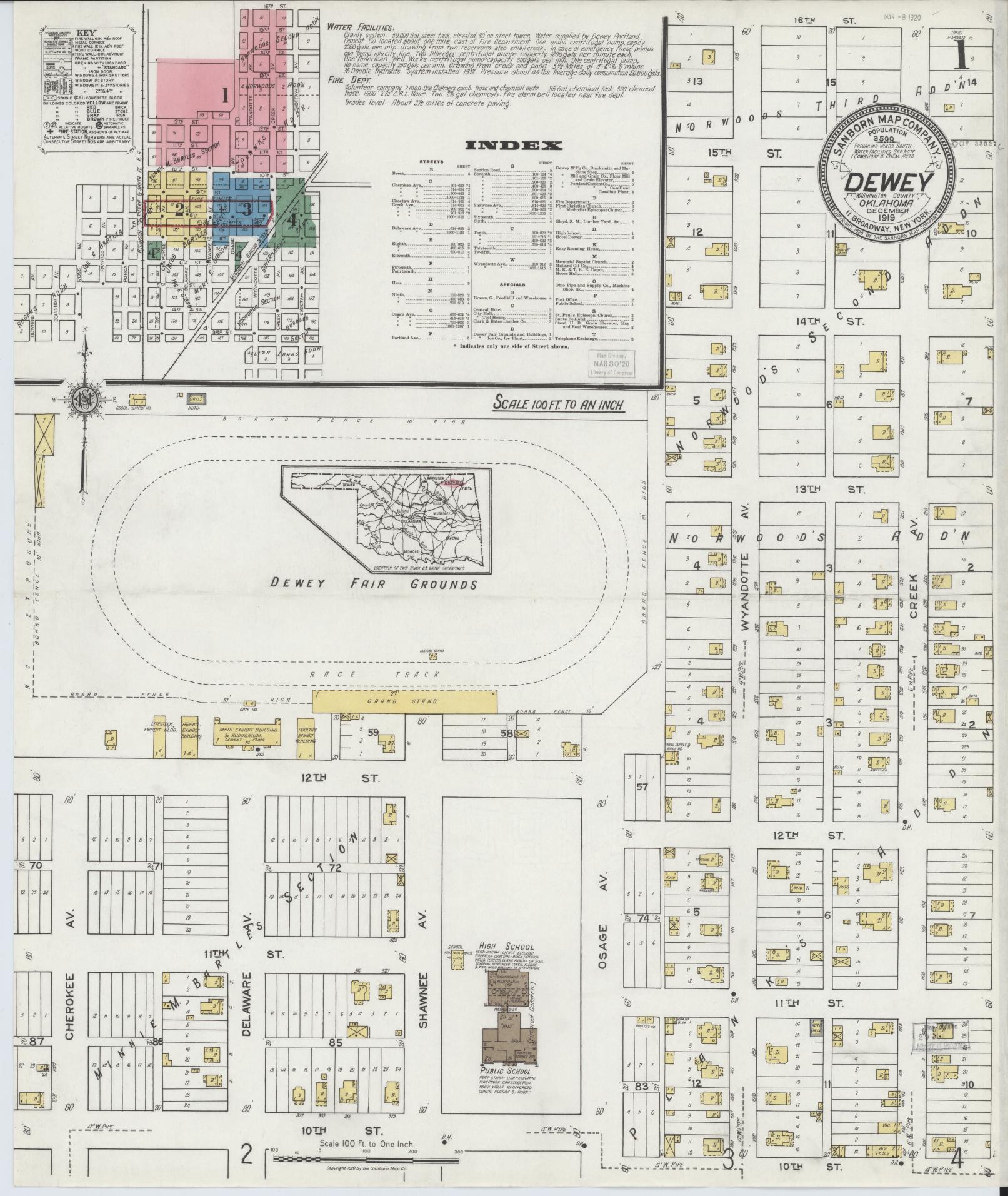 Sanborn Fire Insurance Map from Dewey, Washington County, Oklahoma (1919), Sheet #0001 - Complete Map Set gallery image, historic Sanborn map, vintage wall art, Oklahoma Oklahoma