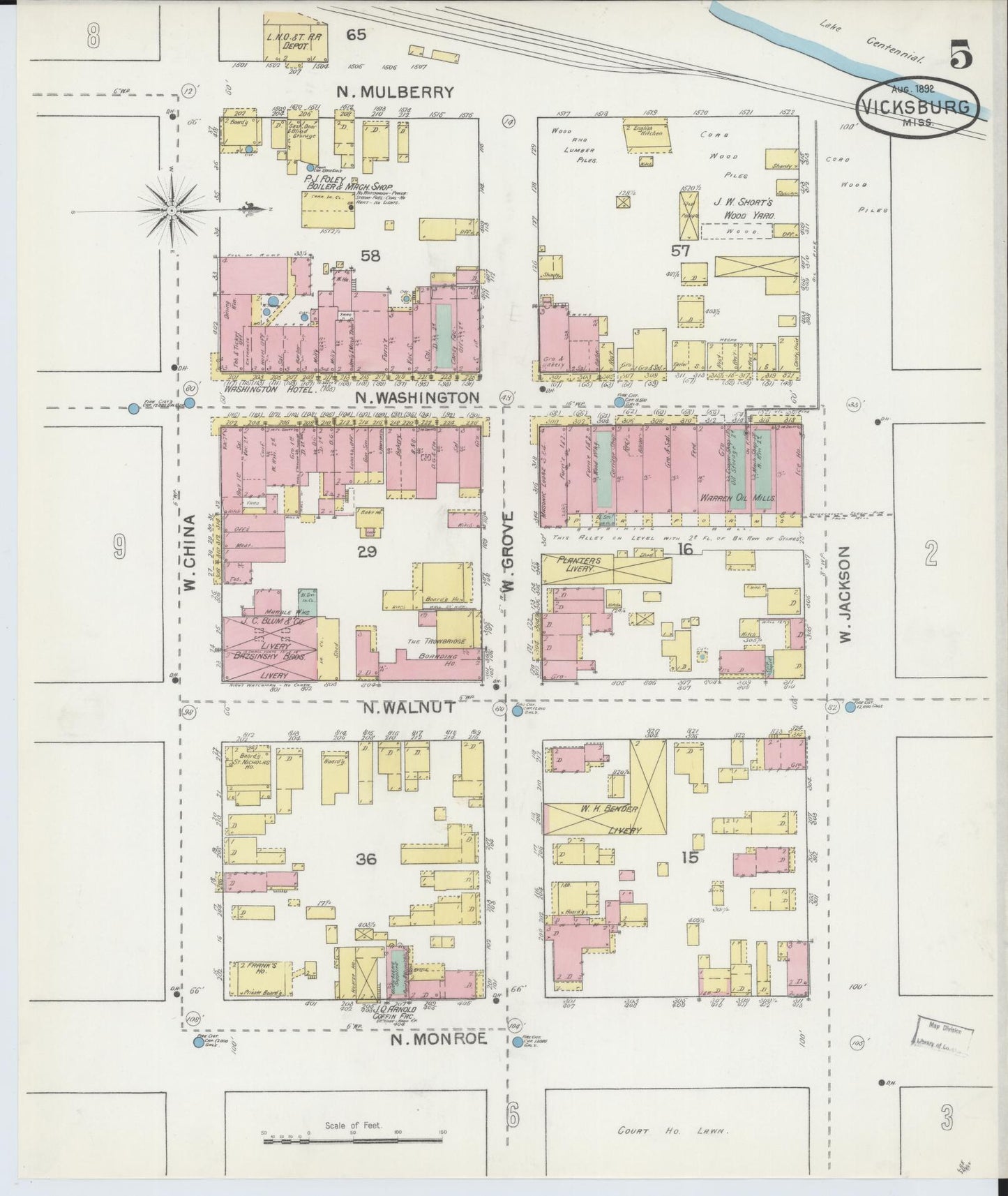 Sanborn Fire Insurance Map from Vicksburg, Warren County, Mississippi (1892), Sheet #0005 - Historic Sanborn Fire Insurance Map Print, vintage old map wall art, antique decor, genealogy gift, Mississippi Mississippi map