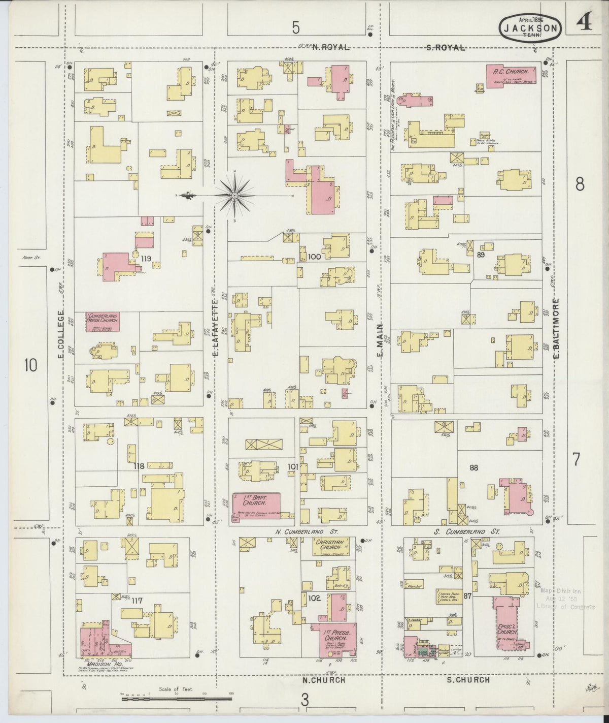Sanborn Fire Insurance Map from Jackson, Madison County, Tennessee (1896), Sheet #0004 - Complete Map Set gallery image, historic Sanborn map, vintage wall art, Tennessee Tennessee