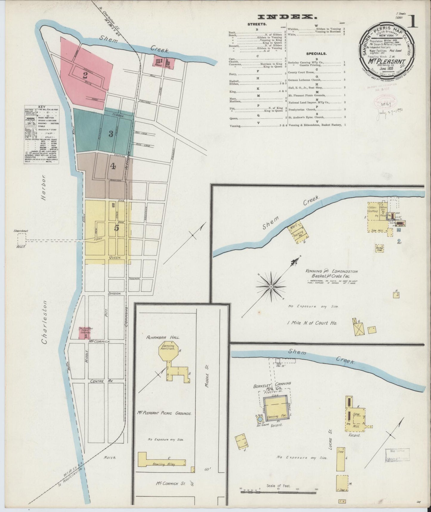 Sanborn Fire Insurance Map from Mount Pleasant, Charleston County, South Carolina (1893), Sheet #0001 - Historic Sanborn Fire Insurance Map Print, vintage old map wall art, antique decor, genealogy gift, South Carolina South Carolina map