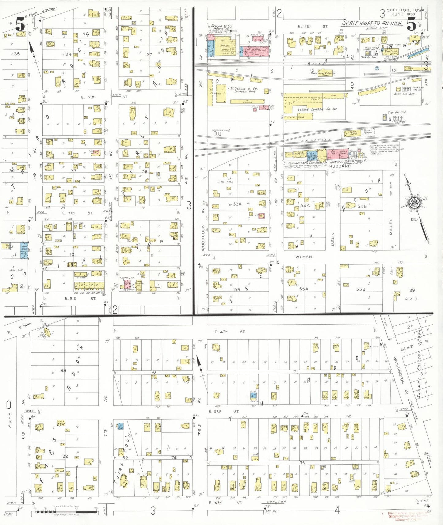 Sanborn Fire Insurance Map from Sheldon, O'Brien County, Iowa (1933), Sheet #0005 - Historic Sanborn Fire Insurance Map Print, vintage old map wall art
