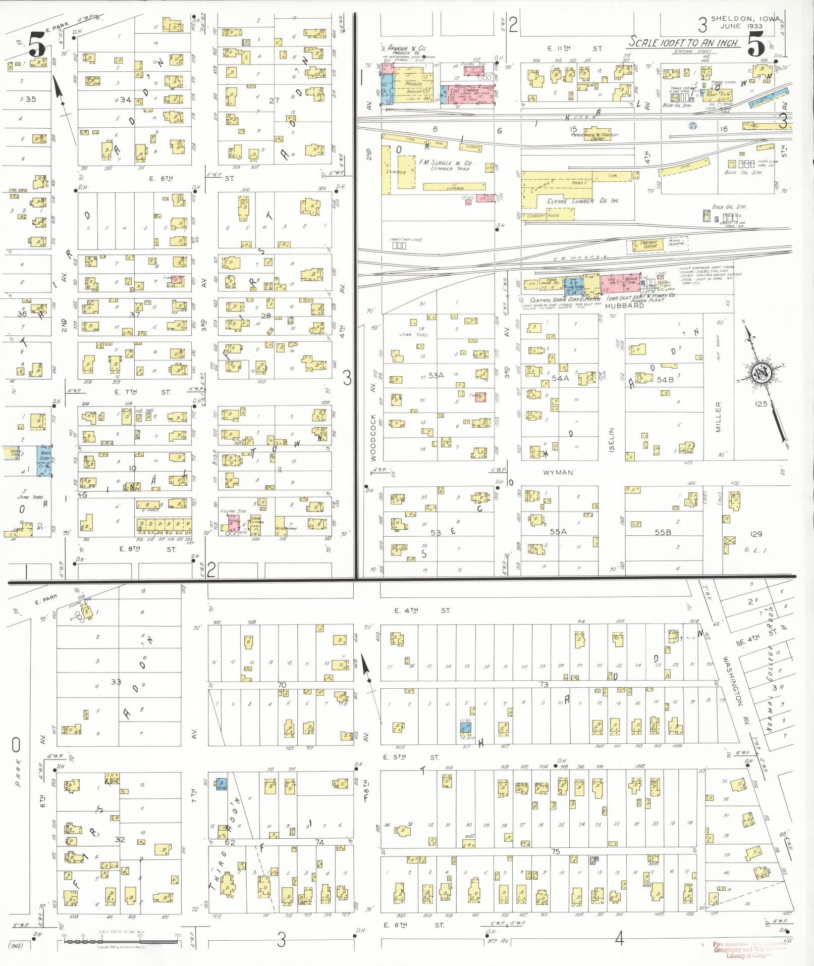 Sanborn Fire Insurance Map from Sheldon, O'Brien County, Iowa (1933), Sheet #0005 - Historic Sanborn Fire Insurance Map Print, vintage old map wall art