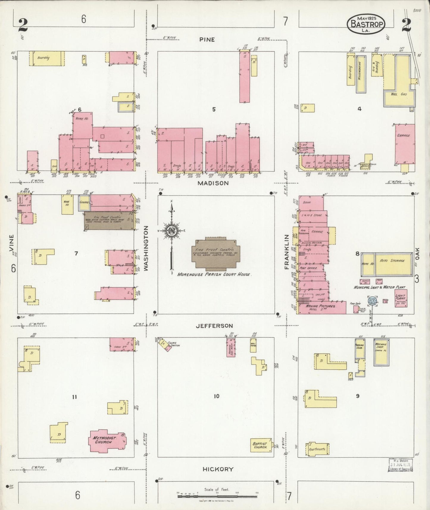 Sanborn Fire Insurance Map from Bastrop, Morehouse Parish, Louisiana (1925), Sheet #0002 - Complete Map Set gallery image, historic Sanborn map, vintage wall art, Louisiana Louisiana