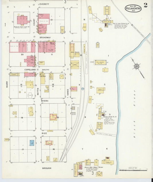 Sanborn Fire Insurance Map from Pocahontas, Randolph County, Arkansas (1916), Sheet #0002 - Historic Sanborn Fire Insurance Map Print, vintage old map wall art, antique decor, genealogy gift, Arkansas Arkansas map