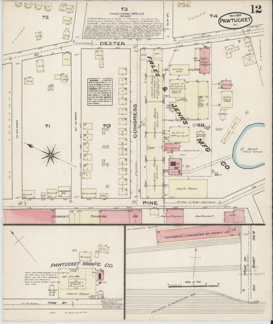 Sanborn Fire Insurance Map from Pawtucket, Providence County, Rhode Island (1884), Sheet #0012 - Historic Sanborn Fire Insurance Map Print, vintage old map wall art, antique decor, genealogy gift, Rhode Island Rhode Island map