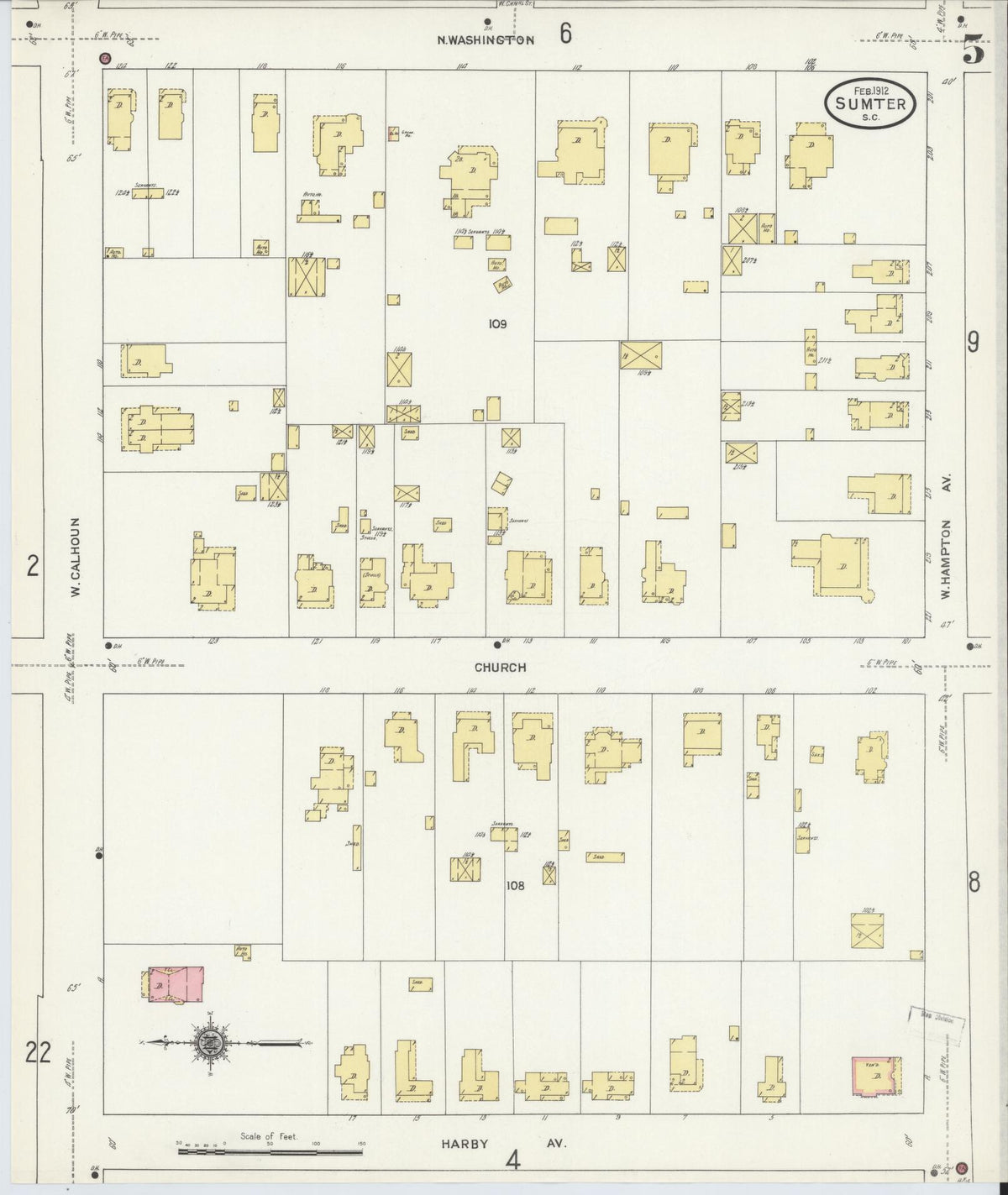 Sanborn Fire Insurance Map from Sumter, Sumter County, South Carolina (1912), Sheet #0005 - Complete Map Set gallery image, historic Sanborn map, vintage wall art, South Carolina South Carolina