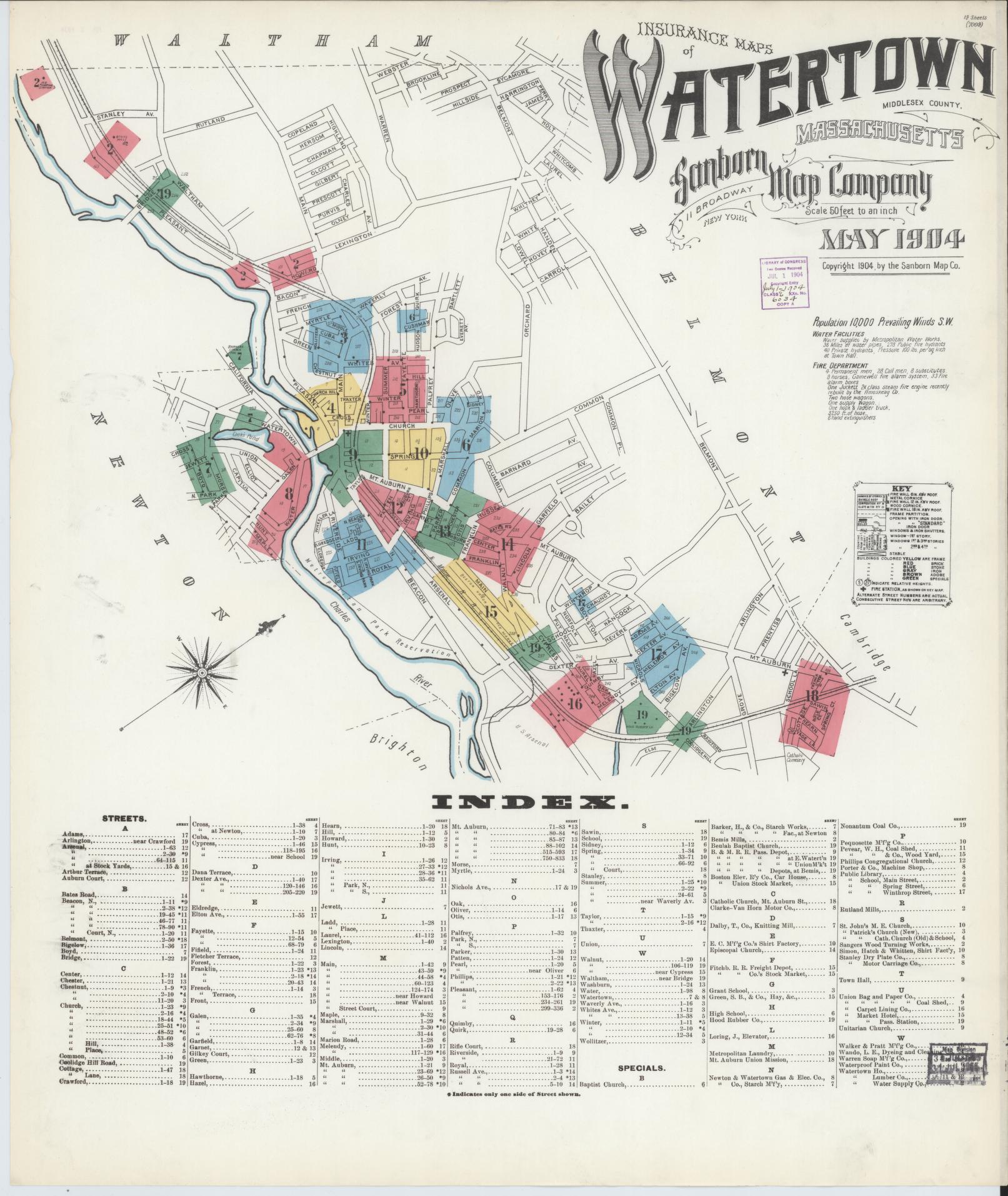 Sanborn Fire Insurance Map from Watertown, Middlesex County, Massachusetts (1904), Sheet #0001 - Historic Sanborn Fire Insurance Map Print, vintage old map wall art, antique decor, genealogy gift, Massachusetts Massachusetts map