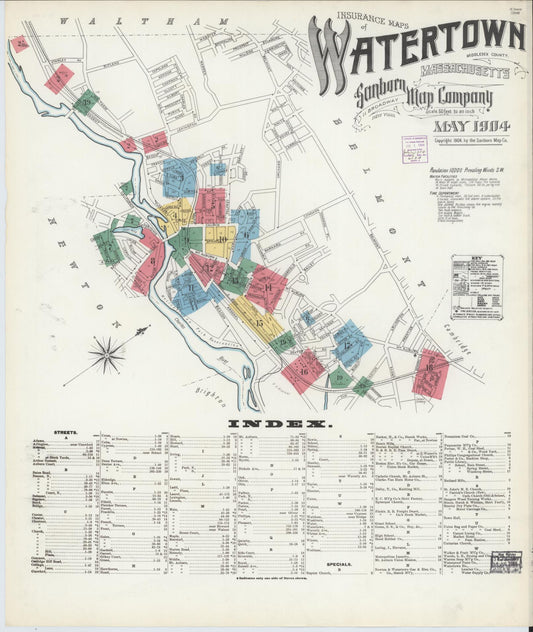 Sanborn Fire Insurance Map from Watertown, Middlesex County, Massachusetts (1904), Sheet #0001 - Historic Sanborn Fire Insurance Map Print, vintage old map wall art, antique decor, genealogy gift, Massachusetts Massachusetts map