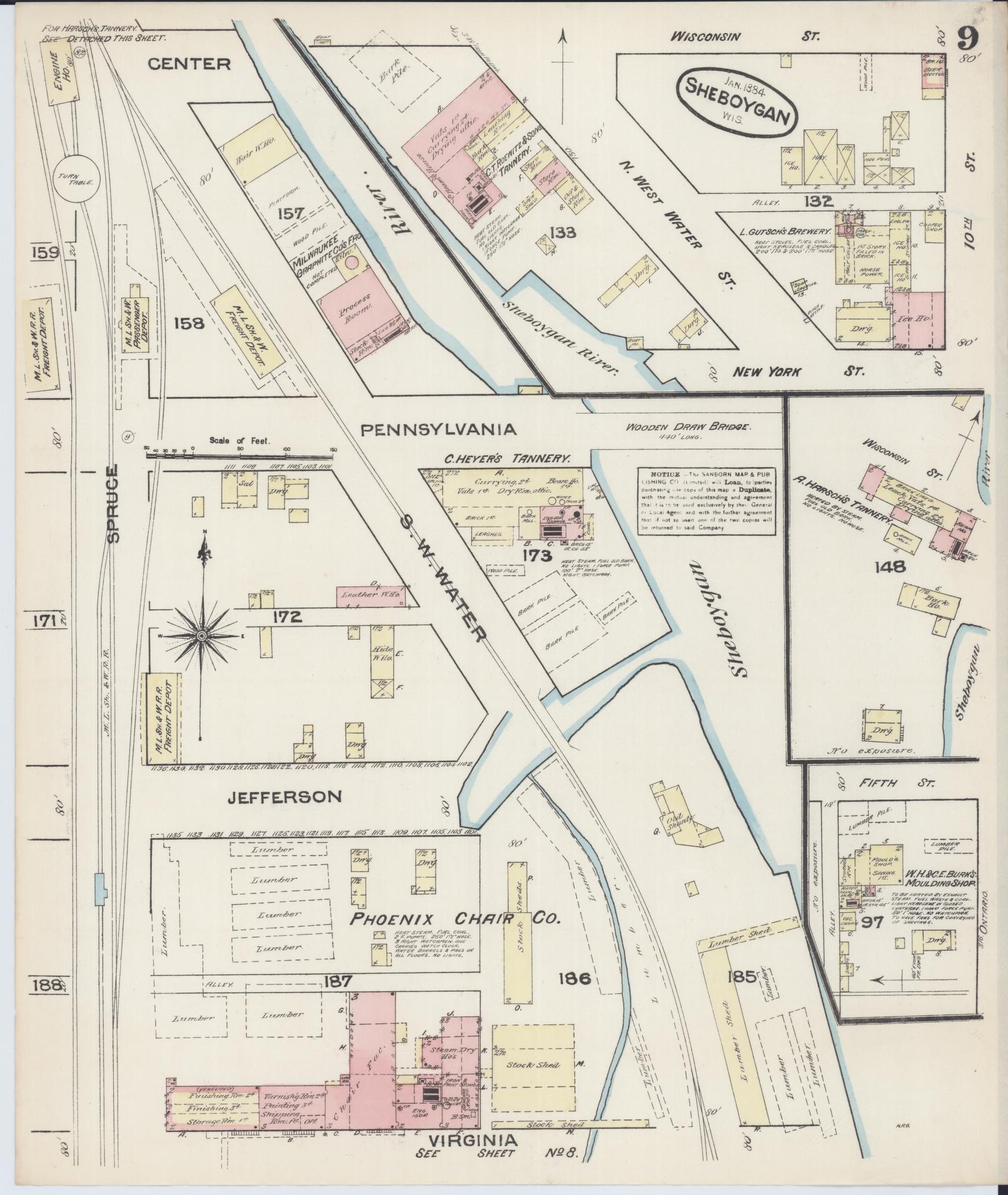 Sanborn Fire Insurance Map from Sheboygan, Sheboygan County, Wisconsin (1884), Sheet #0009 - Historic Sanborn Fire Insurance Map Print, vintage old map wall art, antique decor, genealogy gift, Wisconsin Wisconsin map