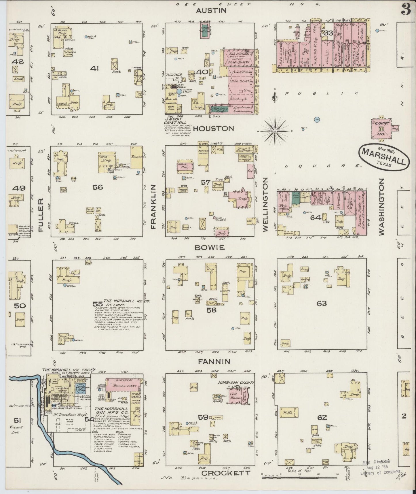 Sanborn Fire Insurance Map from Marshall, Harrison County, Texas (1885), Sheet #0003 - Historic Sanborn Fire Insurance Map Print, vintage old map wall art, antique decor, genealogy gift, Texas Texas map