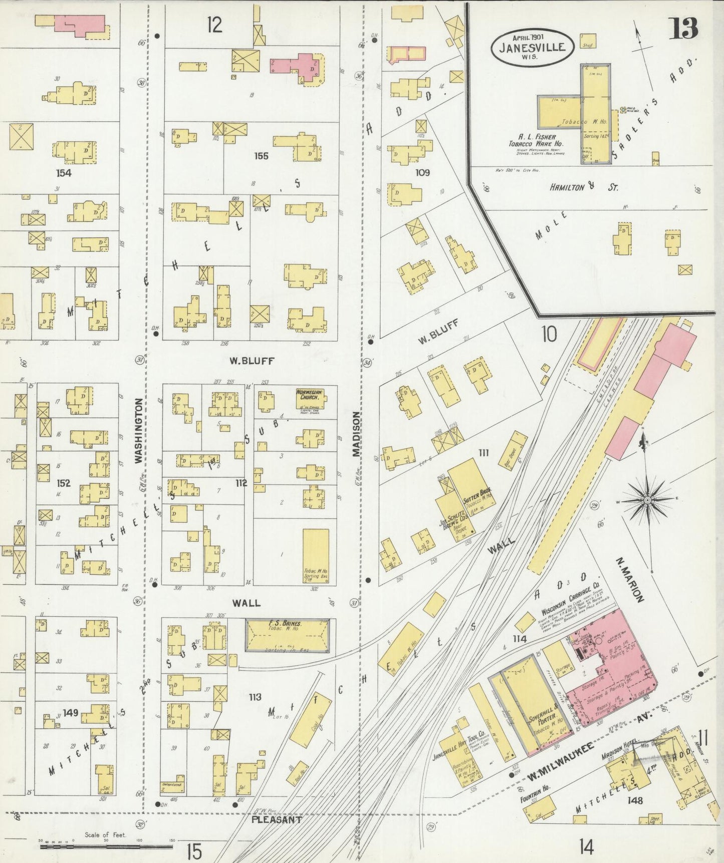 Sanborn Fire Insurance Map from Janesville, Rock County, Wisconsin (1901), Sheet #0013 - Complete Map Set gallery image, historic Sanborn map, vintage wall art, Wisconsin Wisconsin