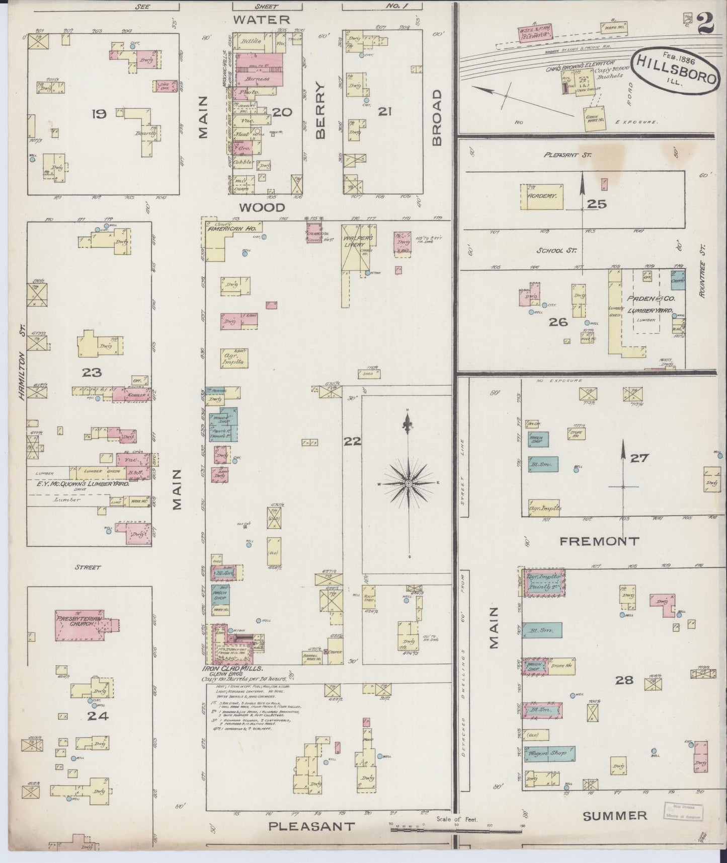 Sanborn Fire Insurance Map from Hillsboro, Montgomery County, Illinois (1886), Sheet #0002 - Complete Map Set gallery image, historic Sanborn map, vintage wall art, Illinois Illinois