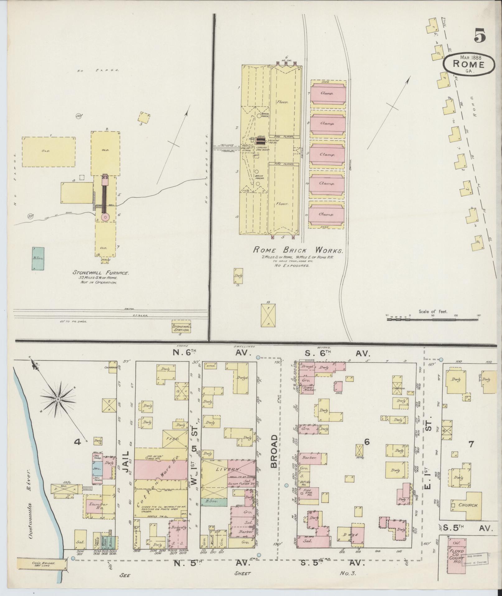 Sanborn Fire Insurance Map from Rome, Floyd County, Georgia (1888), Sheet #0005 - Complete Map Set gallery image, historic Sanborn map, vintage wall art, Georgia Georgia