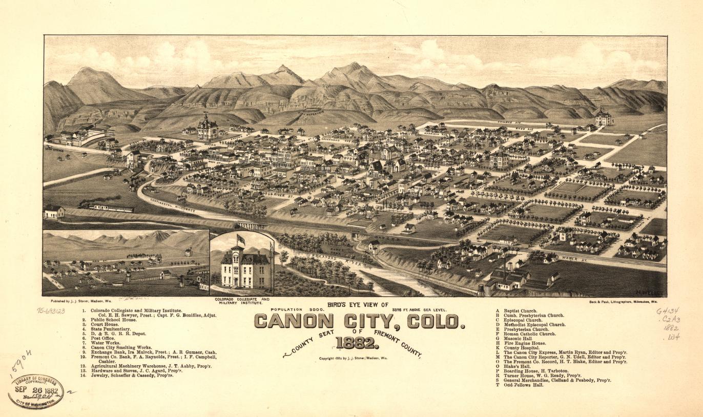 Bird's eye view of Canon City, Colo. county seat of Fremont County 1882. (1882) – Historic Bird’s-Eye View Panorama Print