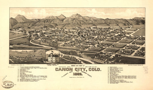 Bird's eye view of Canon City, Colo. county seat of Fremont County 1882. (1882) – Historic Bird’s-Eye View Panorama Print