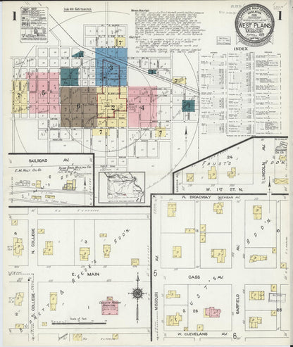 Sanborn Fire Insurance Map from West Plains, Howell County, Missouri (1924), Sheet #0001 - Historic Sanborn Fire Insurance Map Print, vintage old map wall art, antique decor, genealogy gift, Missouri Missouri map