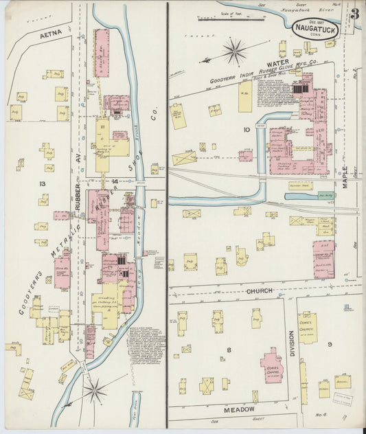 Sanborn Fire Insurance Map from Naugatuck, New Haven County, Connecticut (1887), Sheet #0003 - Historic Sanborn Fire Insurance Map Print, vintage old map wall art, antique decor, genealogy gift, Connecticut Connecticut map
