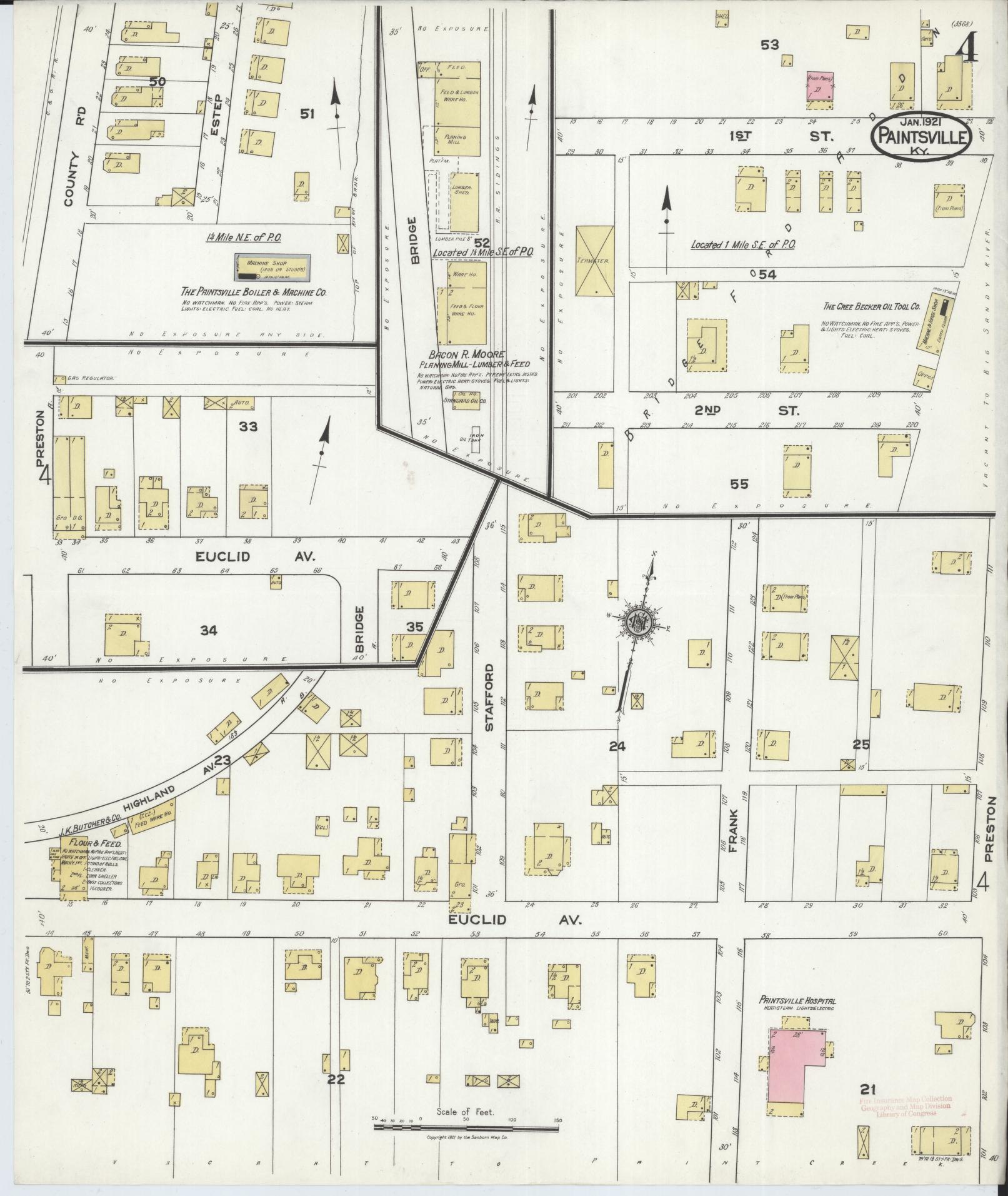 Sanborn Fire Insurance Map from Paintsville, Johnson County, Kentucky (1921), Sheet #0004 - Historic Sanborn Fire Insurance Map Print, vintage old map wall art, antique decor, genealogy gift, Kentucky Kentucky map