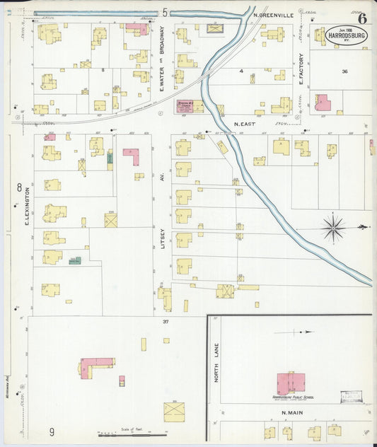 Sanborn Fire Insurance Map from Harrodsburg, Mercer County, Kentucky (1908), Sheet #0006 - Historic Sanborn Fire Insurance Map Print, vintage old map wall art, antique decor, genealogy gift, Kentucky Kentucky map