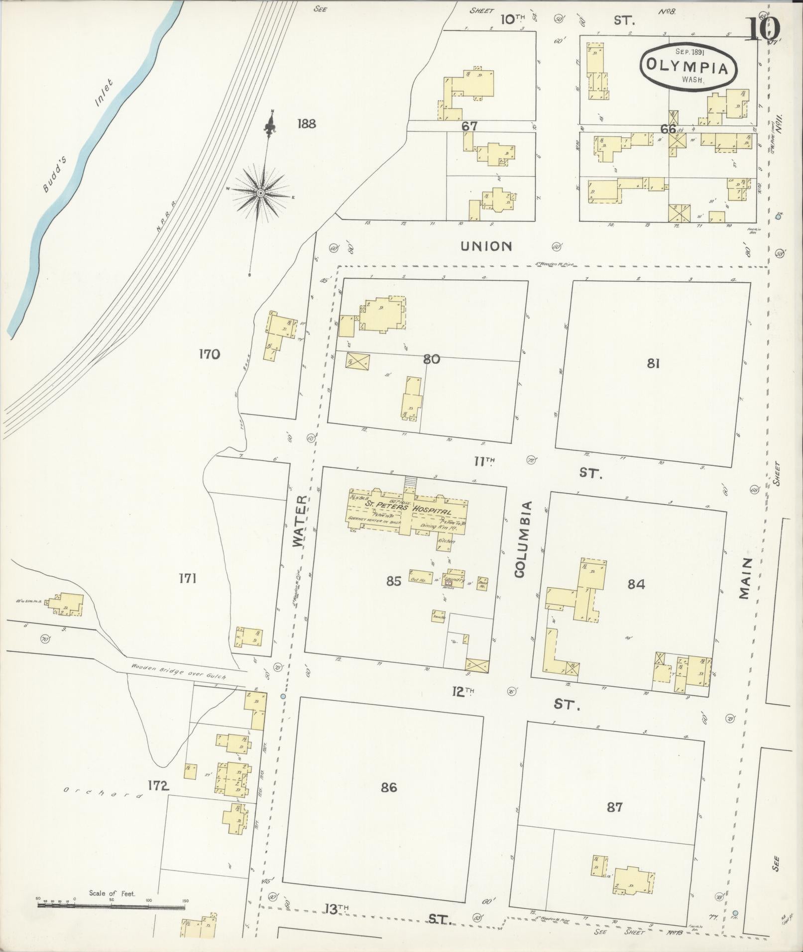 Sanborn Fire Insurance Map from Olympia, Thurston County, Washington (1891), Sheet #0010 - Historic Sanborn Fire Insurance Map Print, vintage old map wall art, antique decor, genealogy gift, Washington Washington map