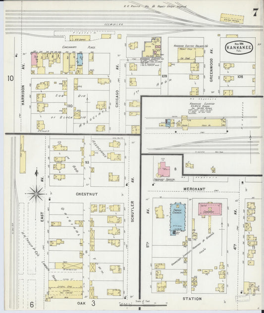 Sanborn Fire Insurance Map from Kankakee, Kankakee County, Illinois (1896), Sheet #0007 - Historic Sanborn Fire Insurance Map Print, vintage old map wall art, antique decor, genealogy gift, Illinois Illinois map