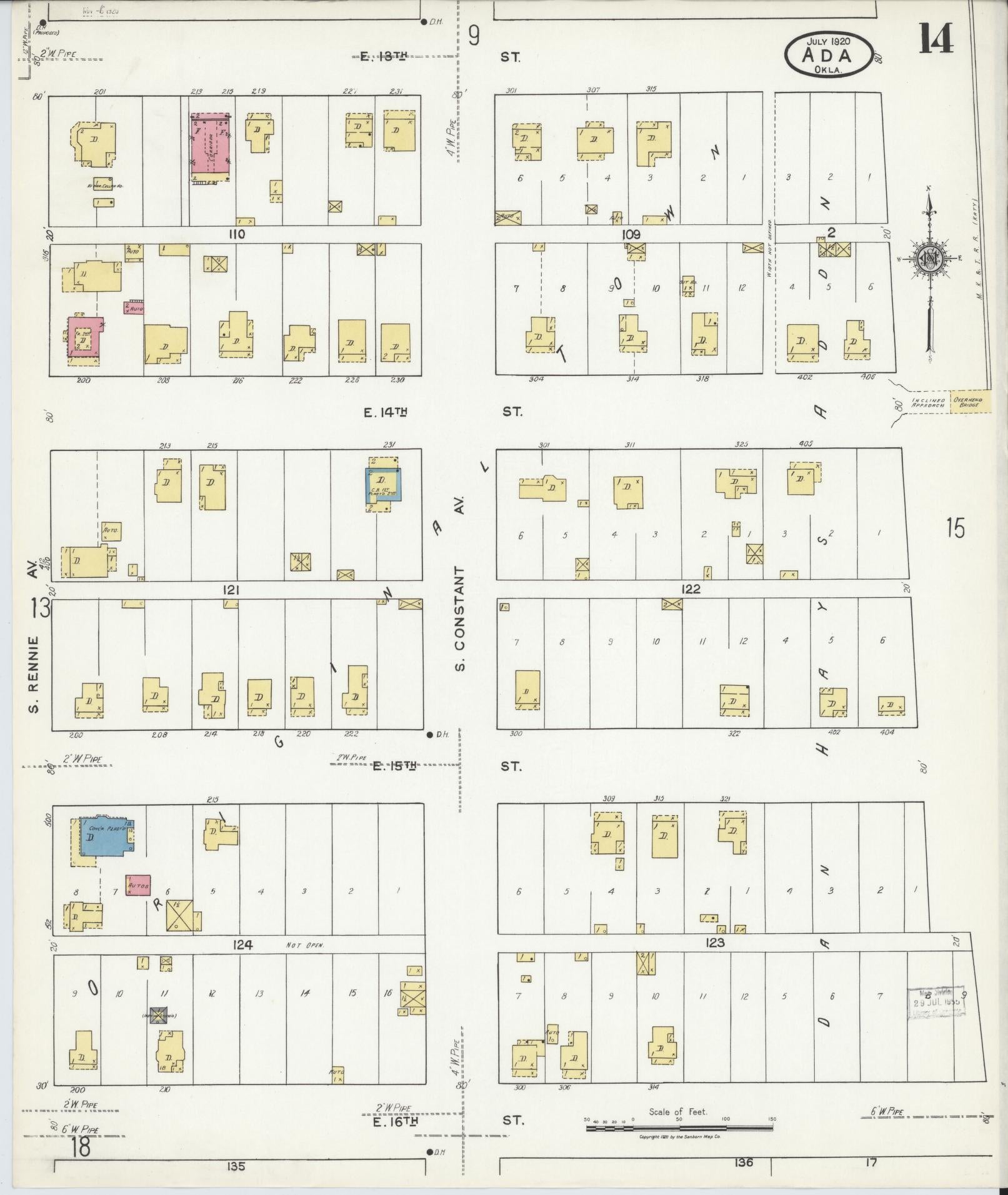 Sanborn Fire Insurance Map from Ada, Pontotoc County, Oklahoma (1920), Sheet #0014 - Historic Sanborn Fire Insurance Map Print, vintage old map wall art, antique decor, genealogy gift, Oklahoma Oklahoma map
