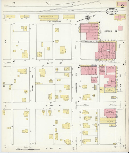 Sanborn Fire Insurance Map from Lufkin, Angelina County, Texas (1915), Sheet #0002 - Historic Sanborn Fire Insurance Map Print, vintage old map wall art, antique decor, genealogy gift, Texas Texas map