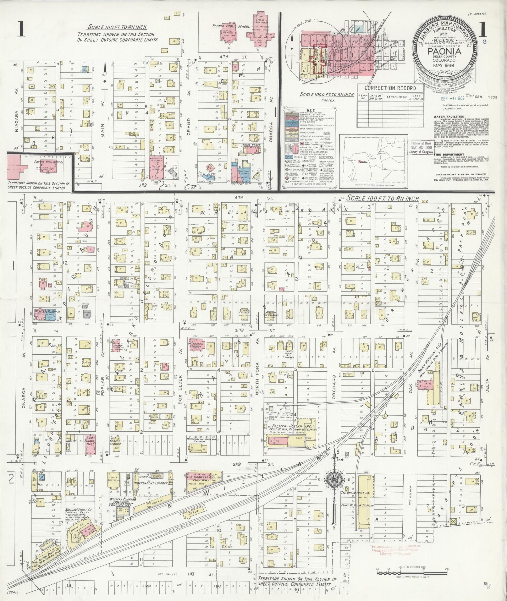 Sanborn Fire Insurance Map from Paonia, Delta County, Colorado (1939), Sheet #0001 - Historic Sanborn Fire Insurance Map Print, vintage old map wall art, antique decor, genealogy gift, Colorado Colorado map