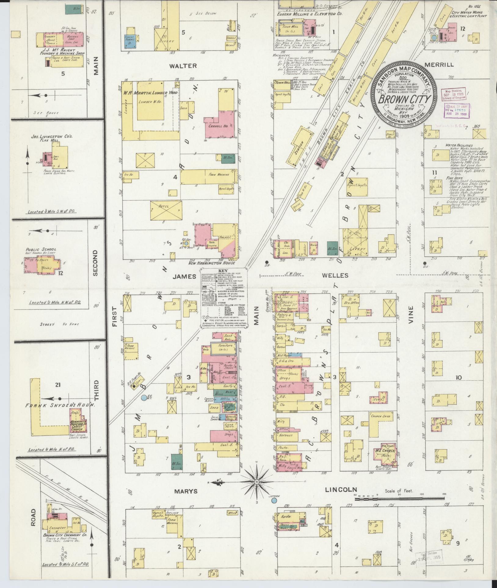 Sanborn Fire Insurance Map from Brown City, Sanilac County, Michigan (1909), Sheet #0001 - Historic Sanborn Fire Insurance Map Print, vintage old map wall art, antique decor, genealogy gift, Michigan Michigan map