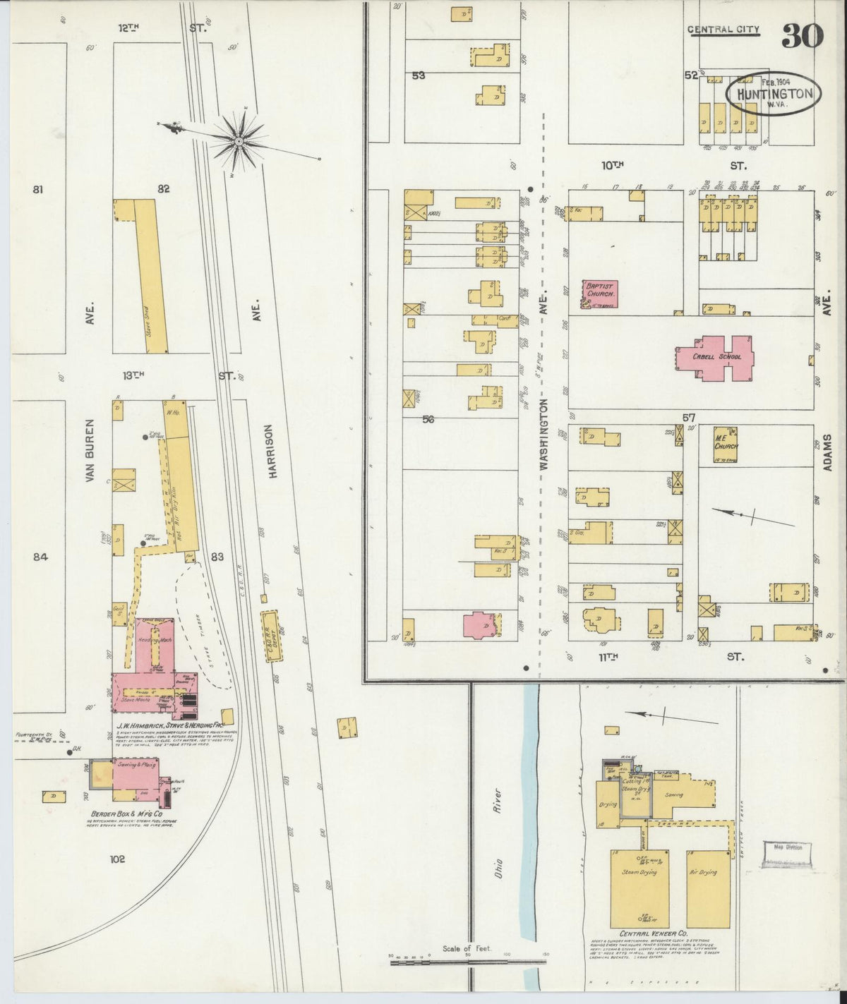 Sanborn Fire Insurance Map from Huntington, Cabell County, West Virginia (1904), Sheet #0030 - Historic Sanborn Fire Insurance Map Print, vintage old map wall art, antique decor, genealogy gift, West Virginia West Virginia map