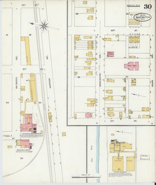 Sanborn Fire Insurance Map from Huntington, Cabell County, West Virginia (1904), Sheet #0030 - Historic Sanborn Fire Insurance Map Print, vintage old map wall art, antique decor, genealogy gift, West Virginia West Virginia map