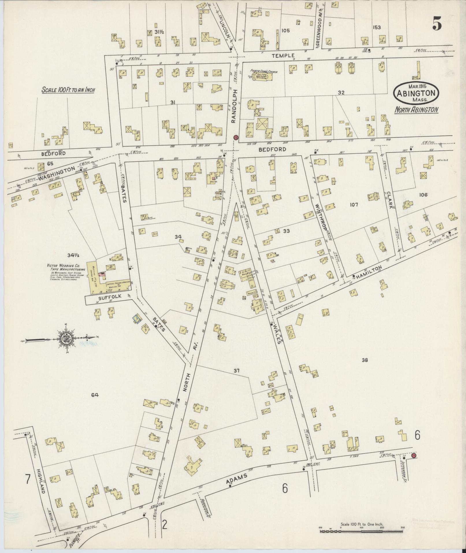 Sanborn Fire Insurance Map from Abington, Plymouth County, Massachusetts (1915), Sheet #0005 - Historic Sanborn Fire Insurance Map Print, vintage old map wall art, antique decor, genealogy gift, Massachusetts Massachusetts map